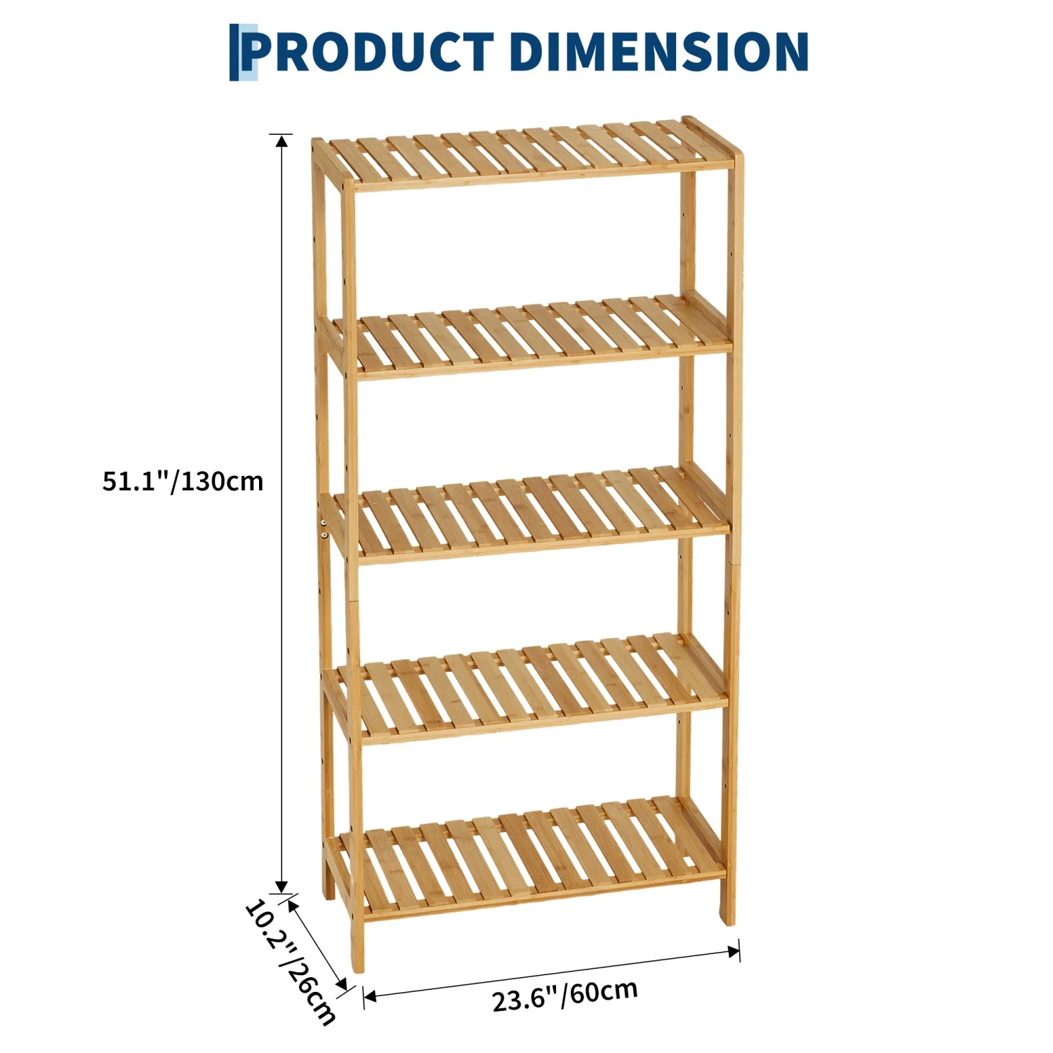 5-Tier Wide Bamboo Shelf Narrow Bathroom Shelf with Slatted Shelves Natural Wood - Image 5