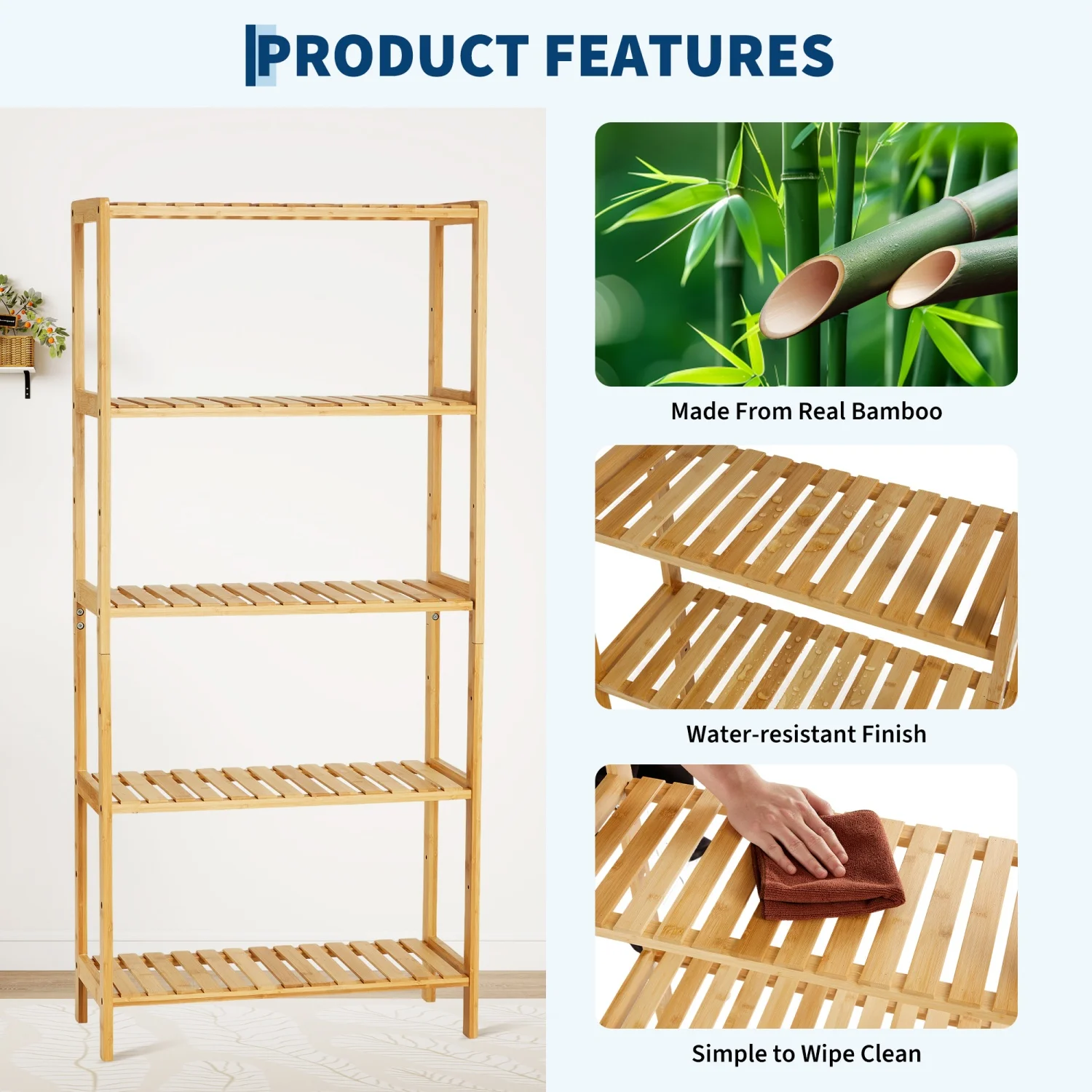5-Tier Wide Bamboo Shelf Narrow Bathroom Shelf with Slatted Shelves Natural Wood - Image 4