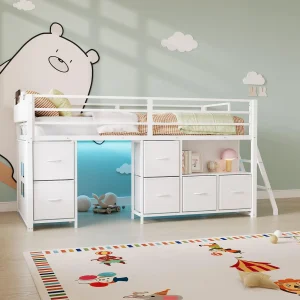 Twin Loft Bed With Desk 6 Drawers Led Lights, Black Kids Bed Frame With Guardrail Ladder Play Curtain - Thumbnail Image 9