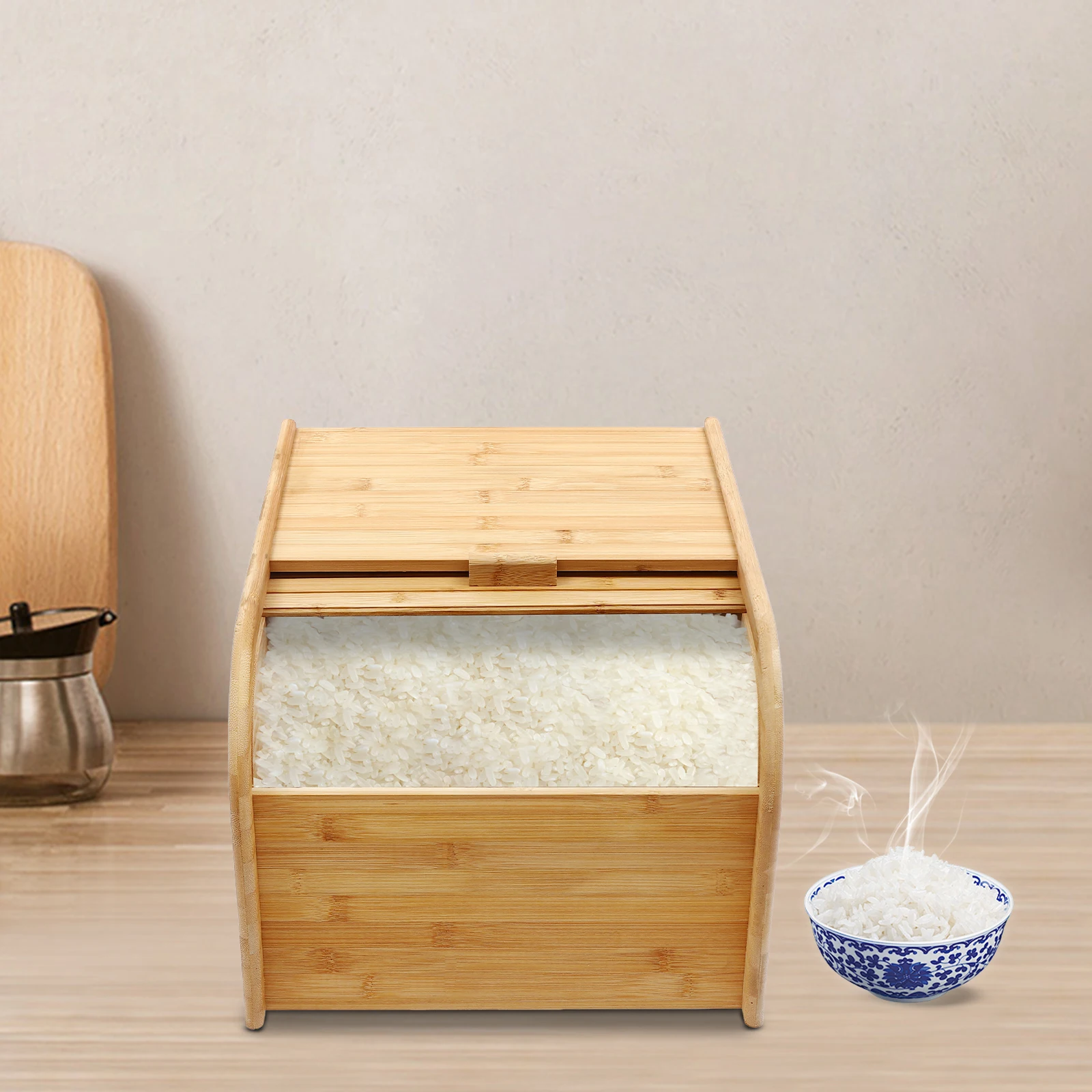 15kg Bamboo Rice Container Large Capacity Grain Storage Box Airtight Dry Food Bin - Image 1