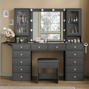 Glam Style Vanity Table Set, LED Lighted Makeup Mirror with 3 Dimmable Brightness - Thumbnail Image 2