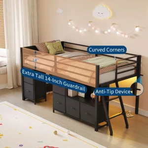 Twin Loft Bed With Desk 6 Drawers Led Lights, Black Kids Bed Frame With Guardrail Ladder Play Curtain - Thumbnail Image 4