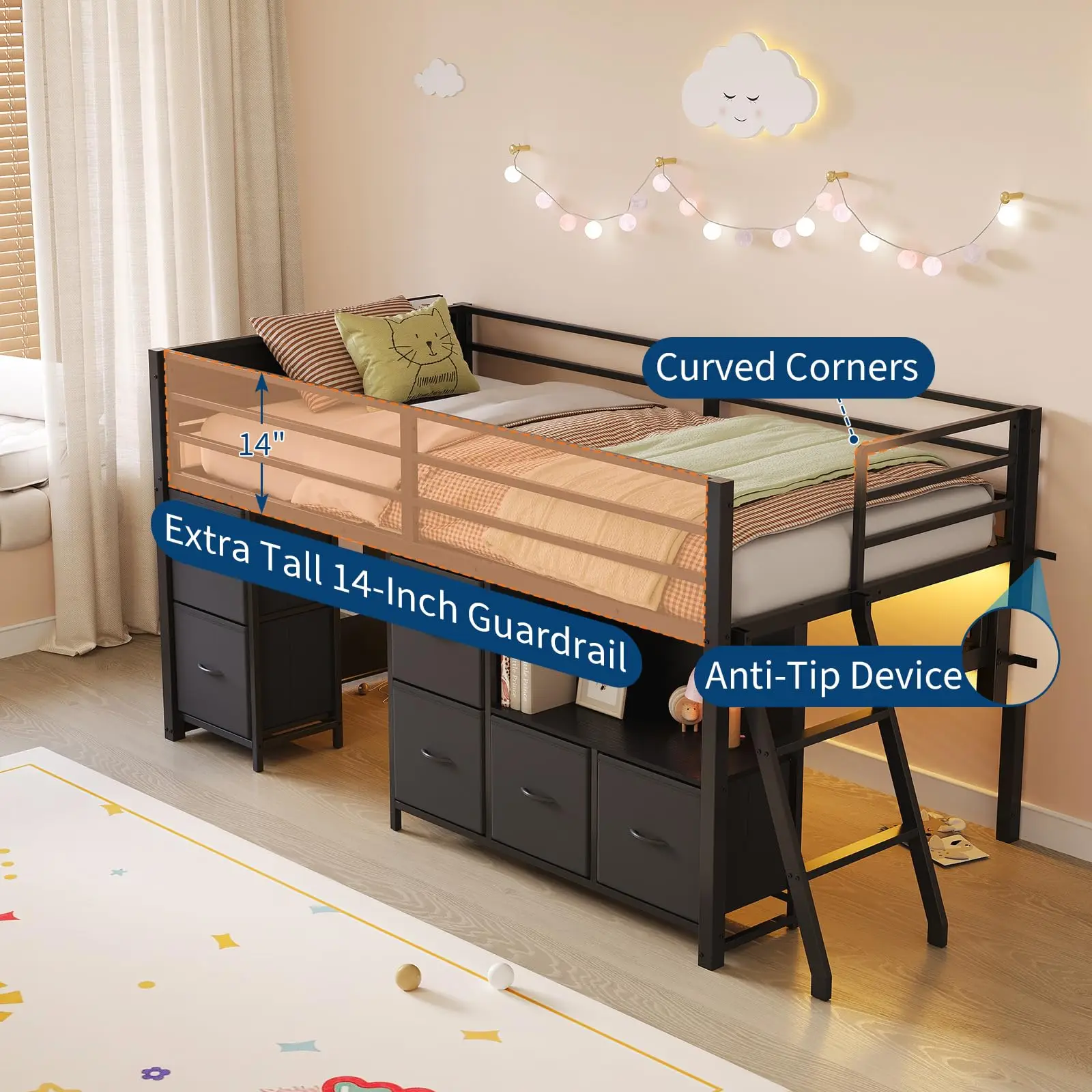 Twin Loft Bed With Desk 6 Drawers Led Lights, Black Kids Bed Frame With Guardrail Ladder Play Curtain - Image 4