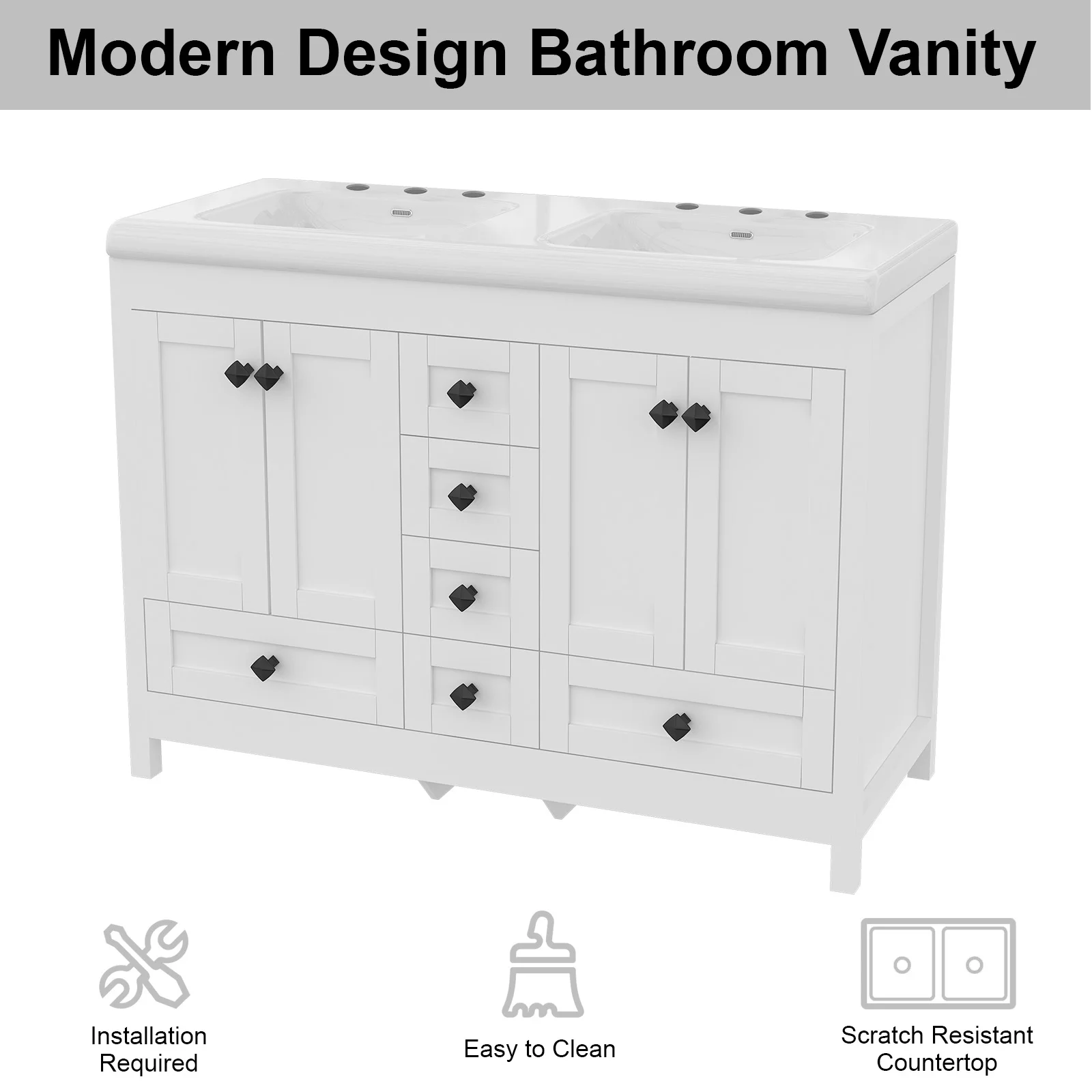 47.3 Inch White Bathroom Vanity Double Ceramic Sink Freestanding Cabinet with Sink Combo - Image 9