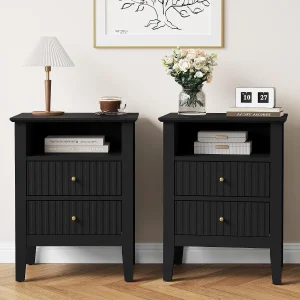 Fluted Nightstand Set of 2 with Charging Station, White End Table - Thumbnail Image 7