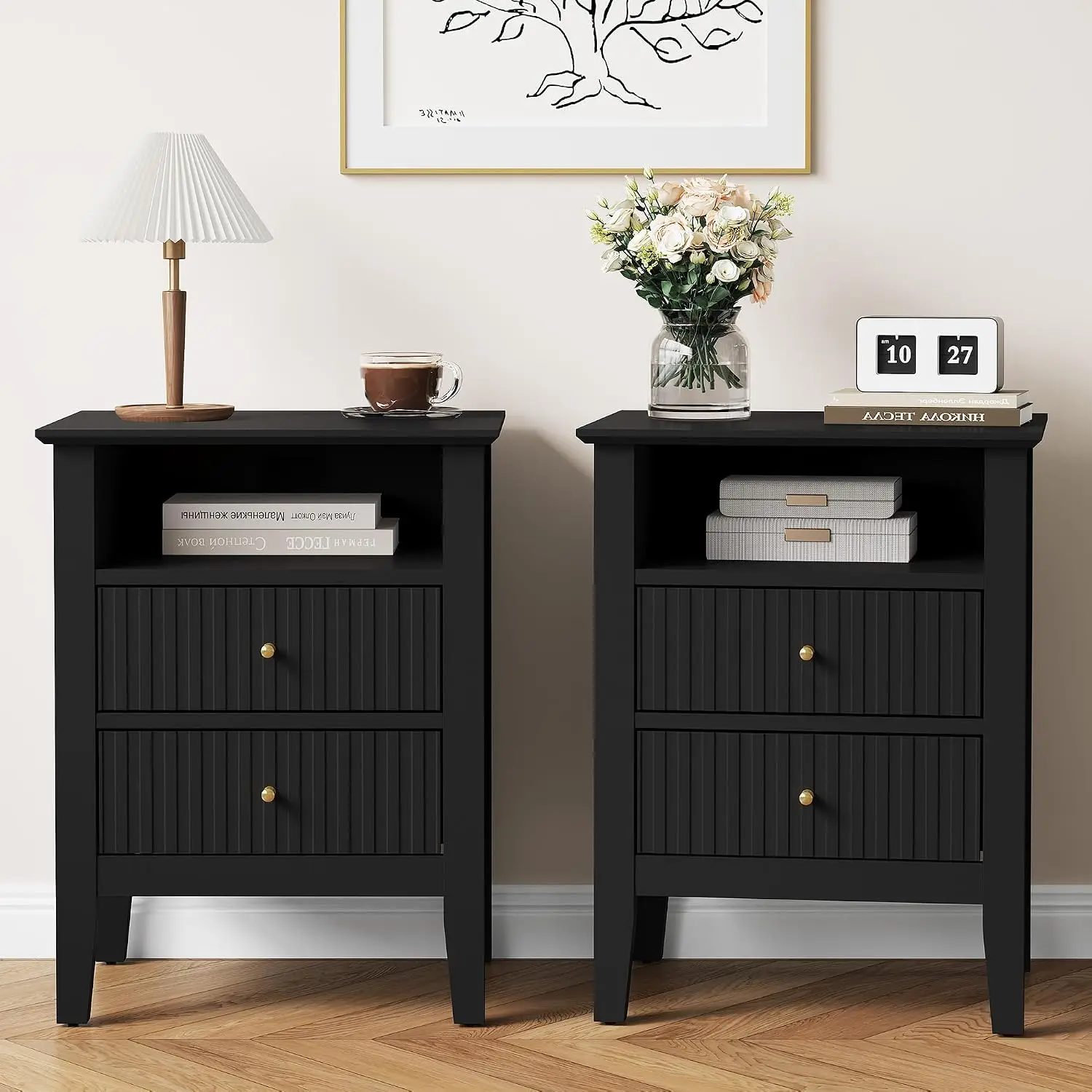 Fluted Nightstand Set of 2 with Charging Station, White End Table - Image 7