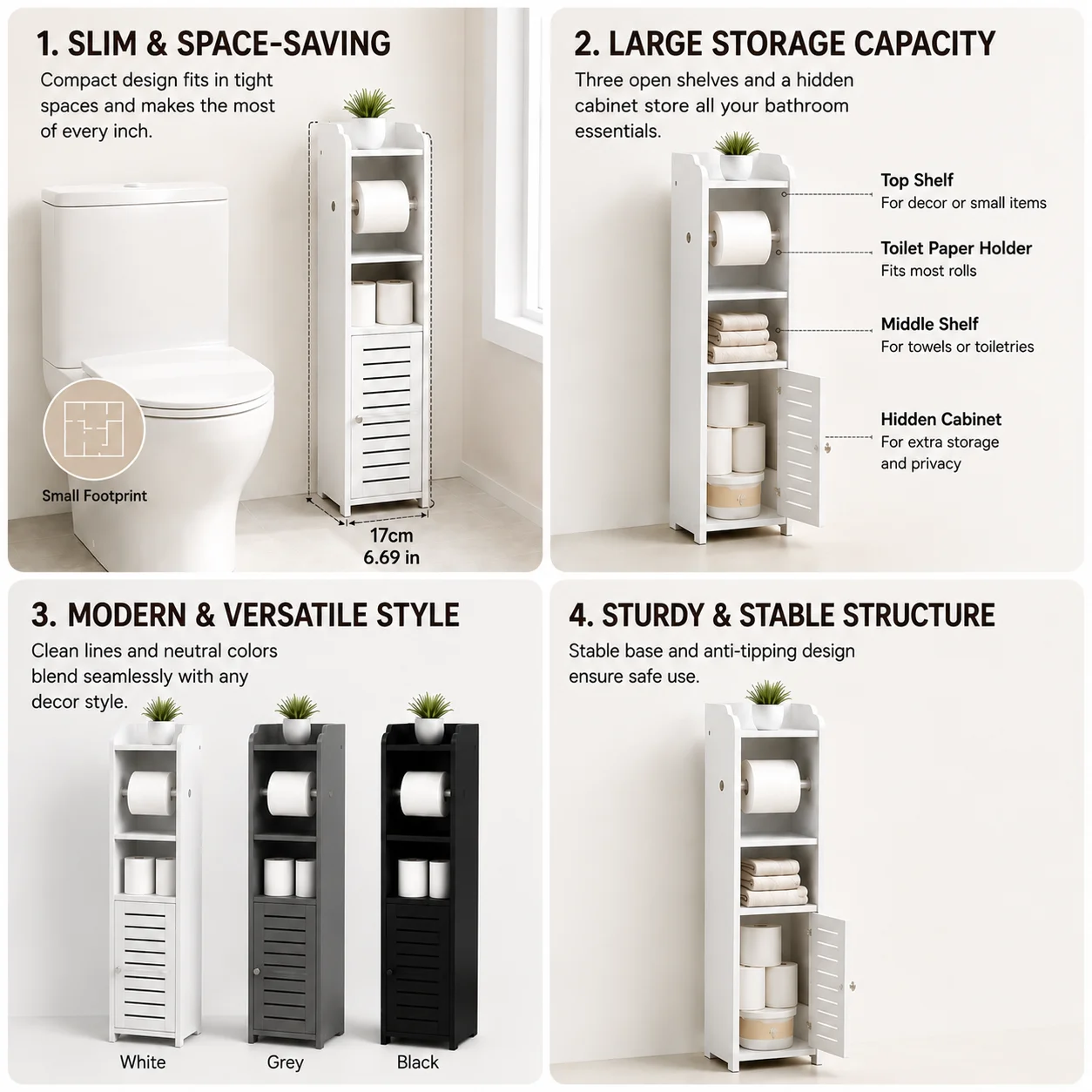Slim Bathroom Storage Cabinet with Toilet Paper Holder - Image 4