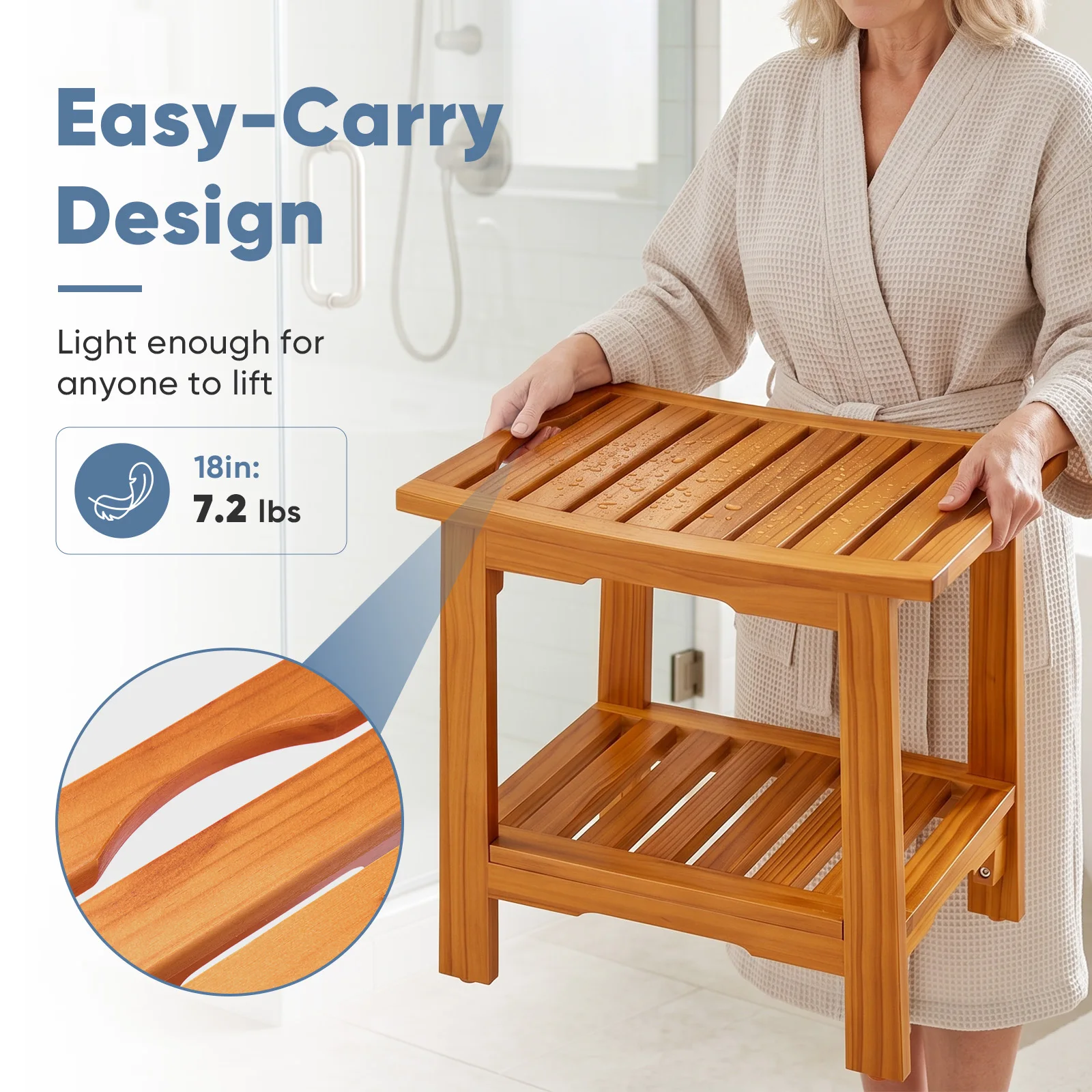 JHK 18IN/14IN Wooden Bathroom Shower Stool Waterproof Shower Bench - Image 3