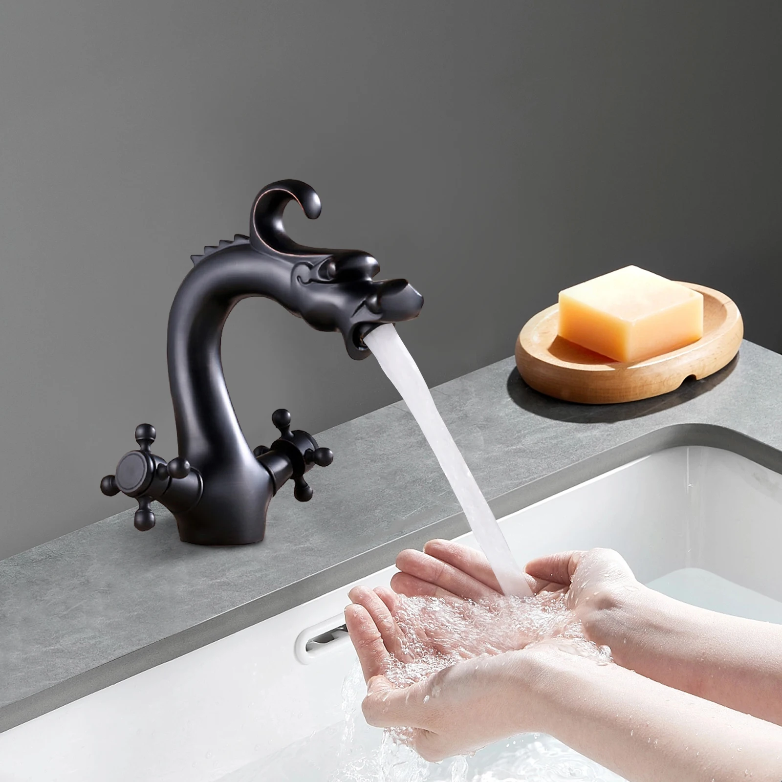 Retro Dragon-Shaped Brass Bathroom Faucet, 2-Handle Cross Hot Cold Water Mixer Tap - Image 6