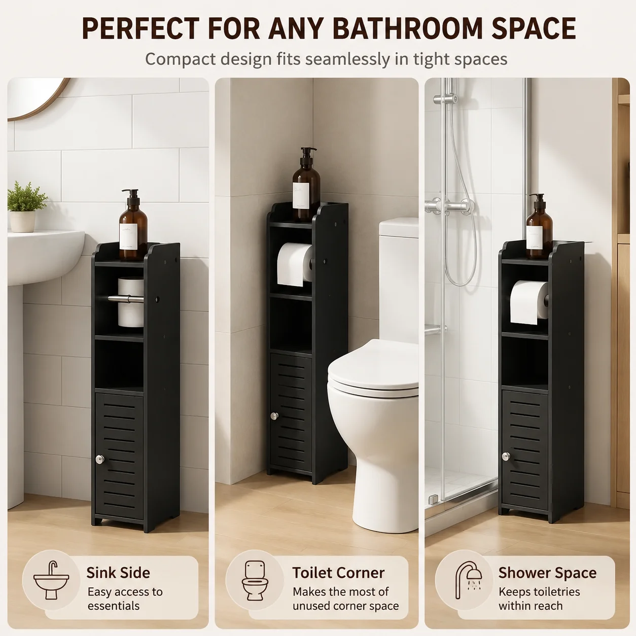 Slim Bathroom Storage Cabinet with Toilet Paper Holder - Image 5