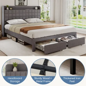 JHK Wood Bed Frame with 2 Storage Drawers Fabric Headboard Upholstered Platform Bed Frame Wooden Slats - Thumbnail Image 4