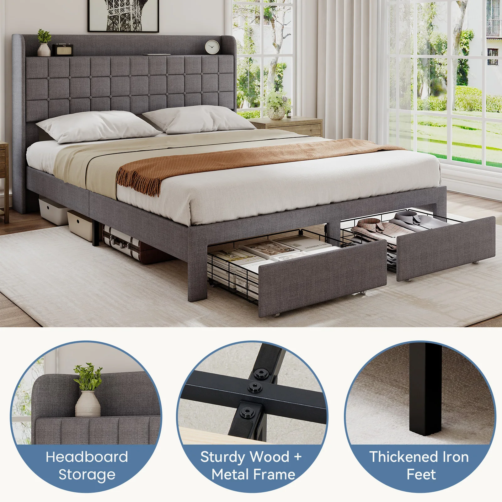 JHK Wood Bed Frame with 2 Storage Drawers Fabric Headboard Upholstered Platform Bed Frame Wooden Slats - Image 4