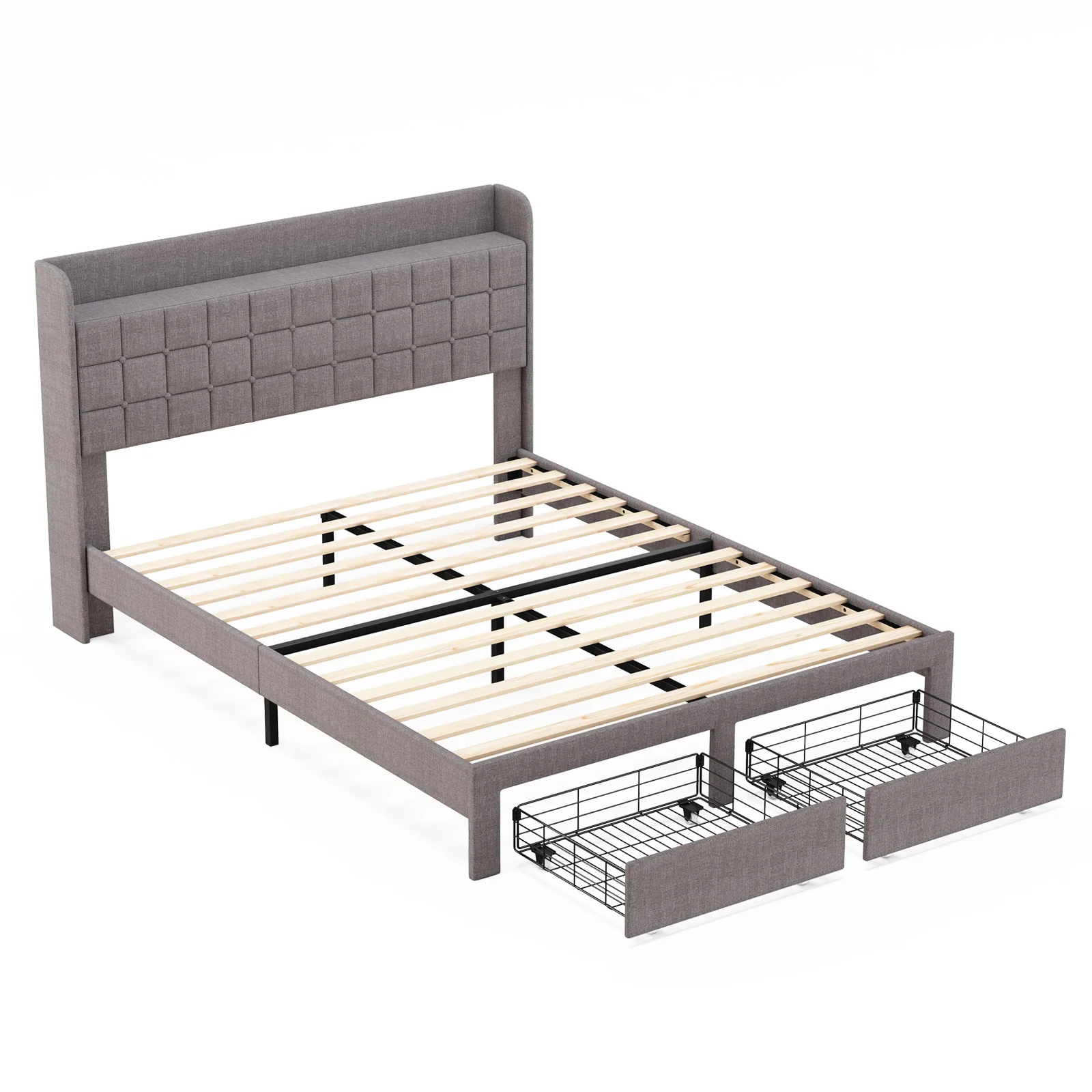 JHK Wood Bed Frame with 2 Storage Drawers Fabric Headboard Upholstered Platform Bed Frame Wooden Slats - Image 2