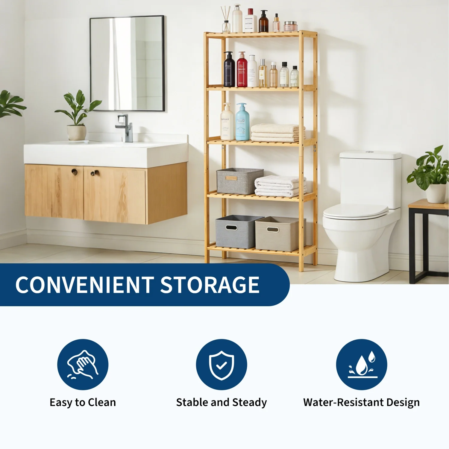 5-Tier Wide Bamboo Shelf Narrow Bathroom Shelf with Slatted Shelves Natural Wood - Image 6