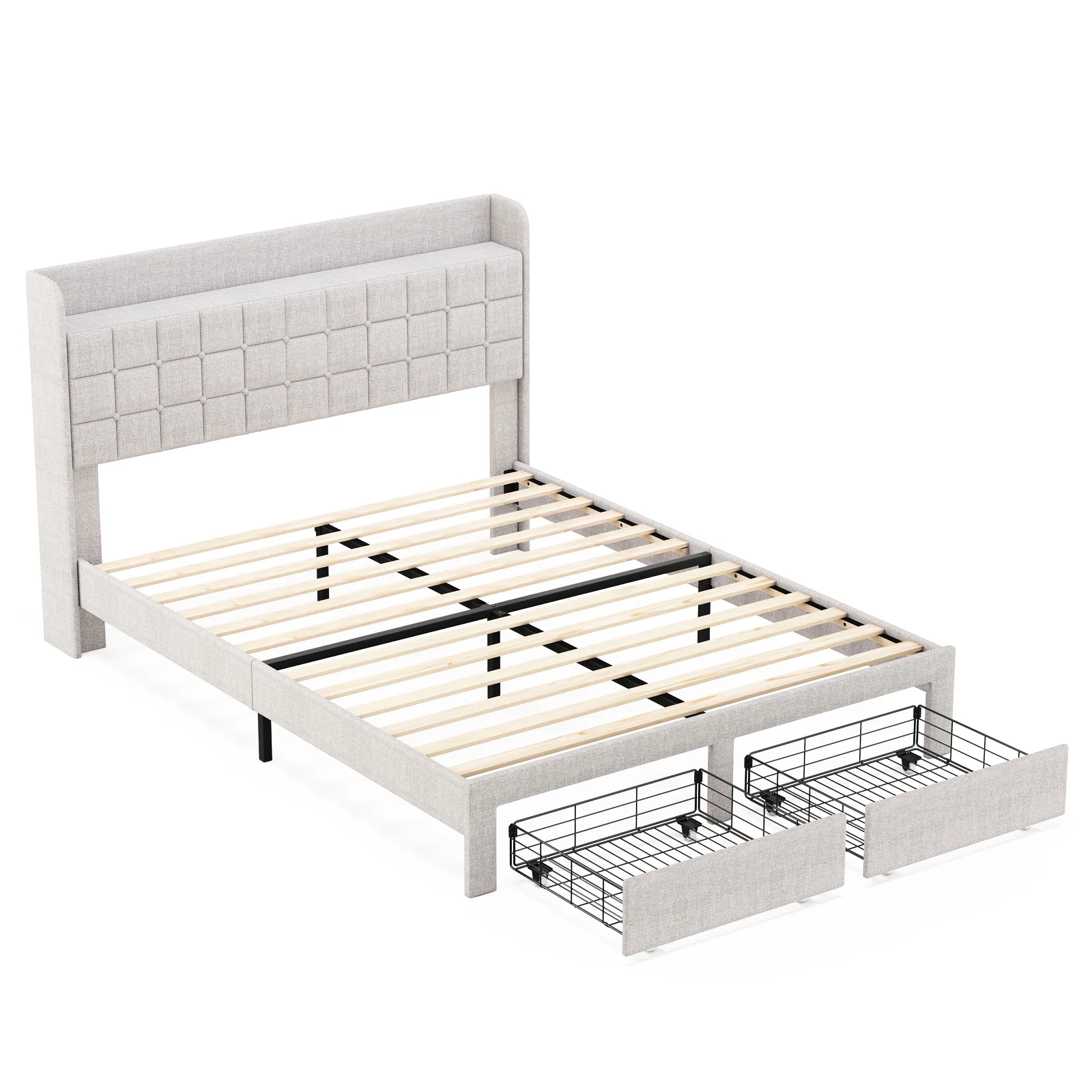 JHK Wood Bed Frame with 2 Storage Drawers Fabric Headboard Upholstered Platform Bed Frame Wooden Slats - Image 8