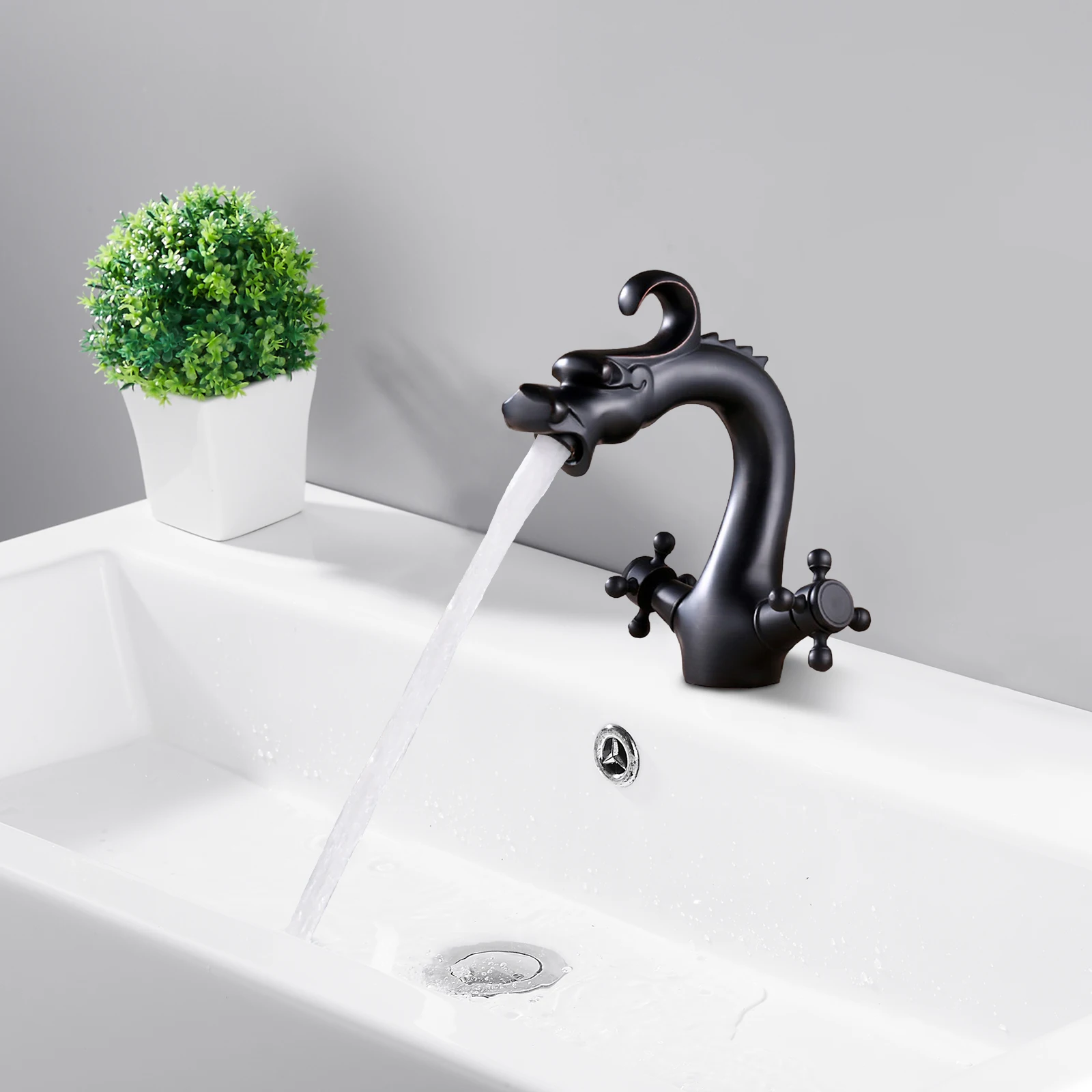 Retro Dragon-Shaped Brass Bathroom Faucet, 2-Handle Cross Hot Cold Water Mixer Tap - Image 5