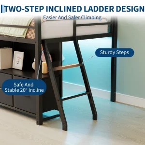 Twin Loft Bed With Desk 6 Drawers Led Lights, Black Kids Bed Frame With Guardrail Ladder Play Curtain - Thumbnail Image 7