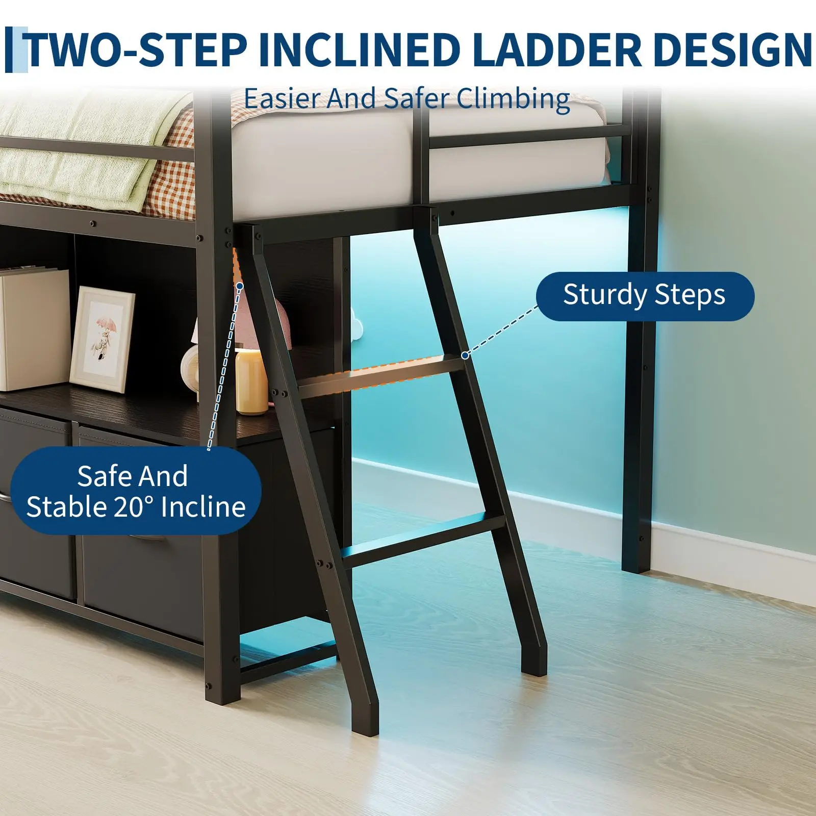 Twin Loft Bed With Desk 6 Drawers Led Lights, Black Kids Bed Frame With Guardrail Ladder Play Curtain - Image 7