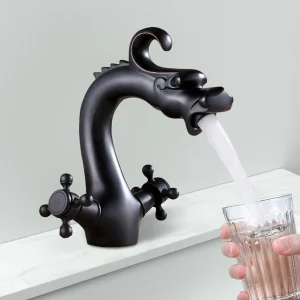 Retro Dragon-Shaped Brass Bathroom Faucet, 2-Handle Cross Hot Cold Water Mixer Tap