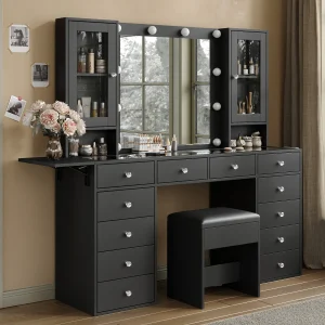 Glam Style Vanity Table Set, LED Lighted Makeup Mirror with 3 Dimmable Brightness - Thumbnail Image 3