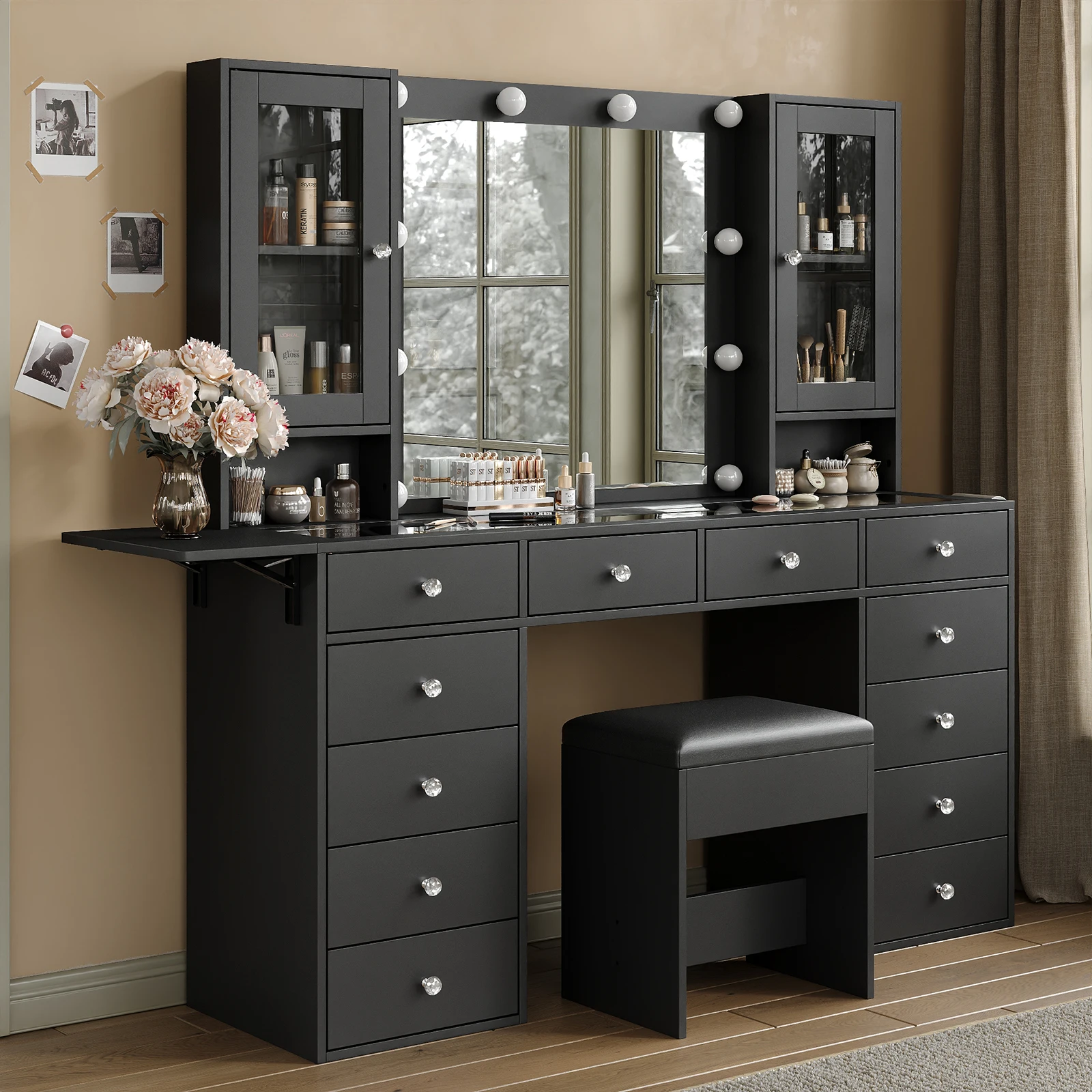 Glam Style Vanity Table Set, LED Lighted Makeup Mirror with 3 Dimmable Brightness - Image 3