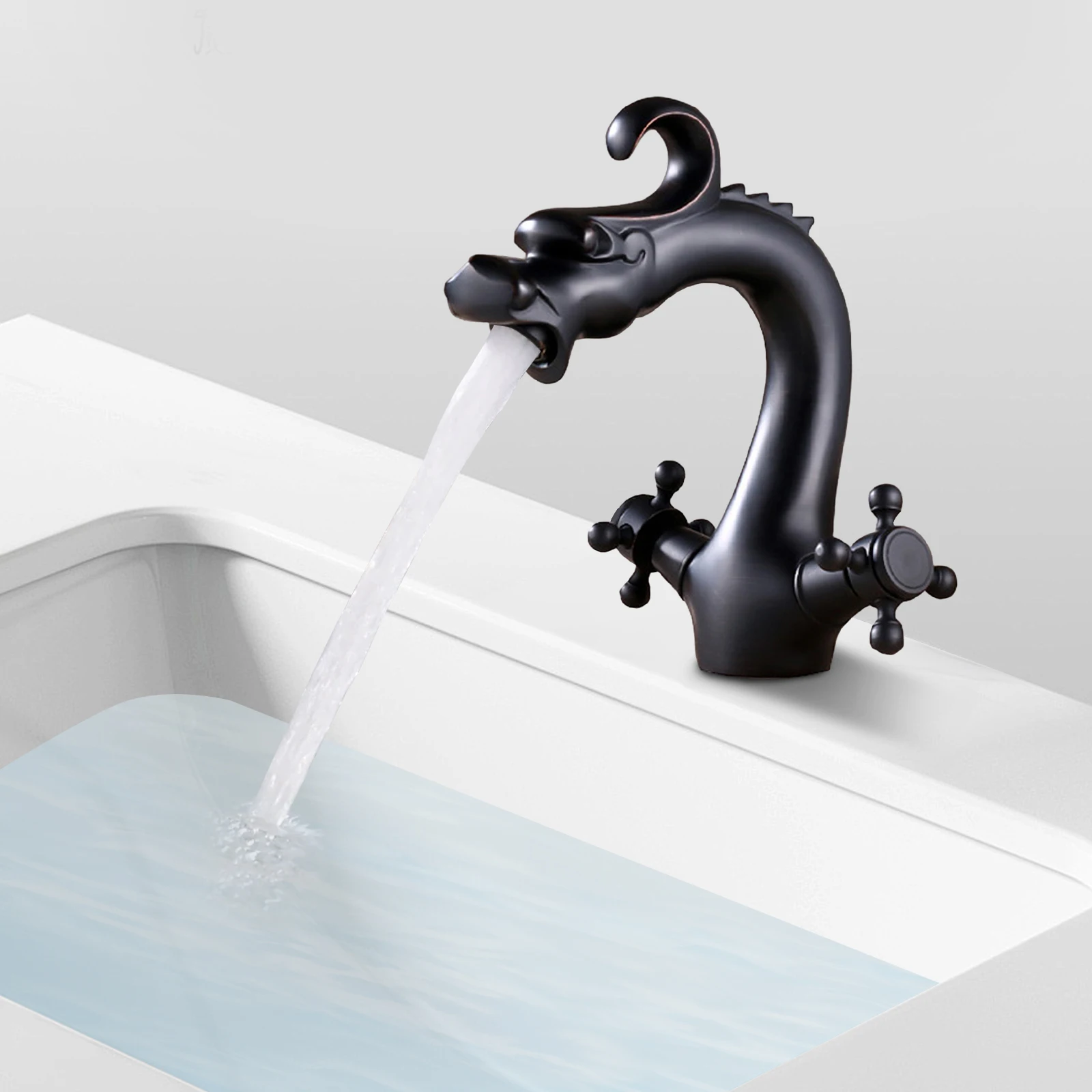 Retro Dragon-Shaped Brass Bathroom Faucet, 2-Handle Cross Hot Cold Water Mixer Tap - Image 2