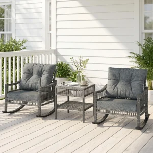 3 Pieces Pe Rattan Rocking Chair Set for Outdoor, Grey - Thumbnail Image 8