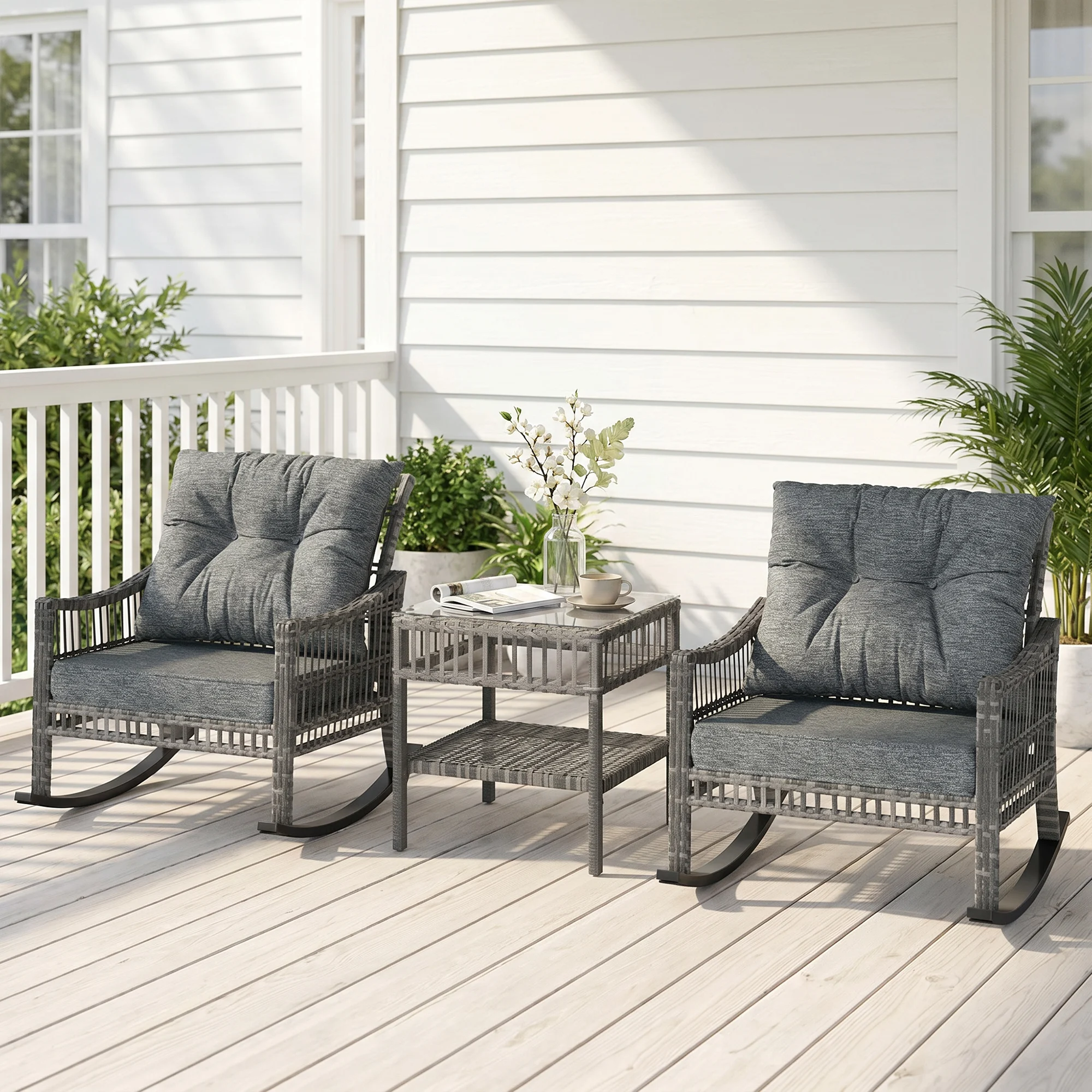 3 Pieces Pe Rattan Rocking Chair Set for Outdoor, Grey - Image 8