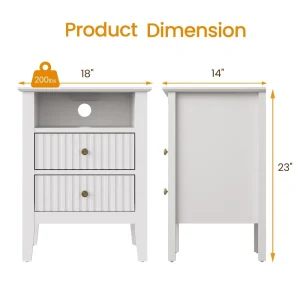 Fluted Nightstand Set of 2 with Charging Station, White End Table