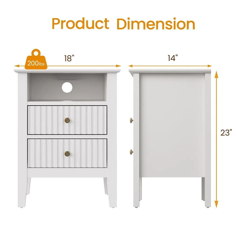 Fluted Nightstand Set of 2 with Charging Station, White End Table - Image 1