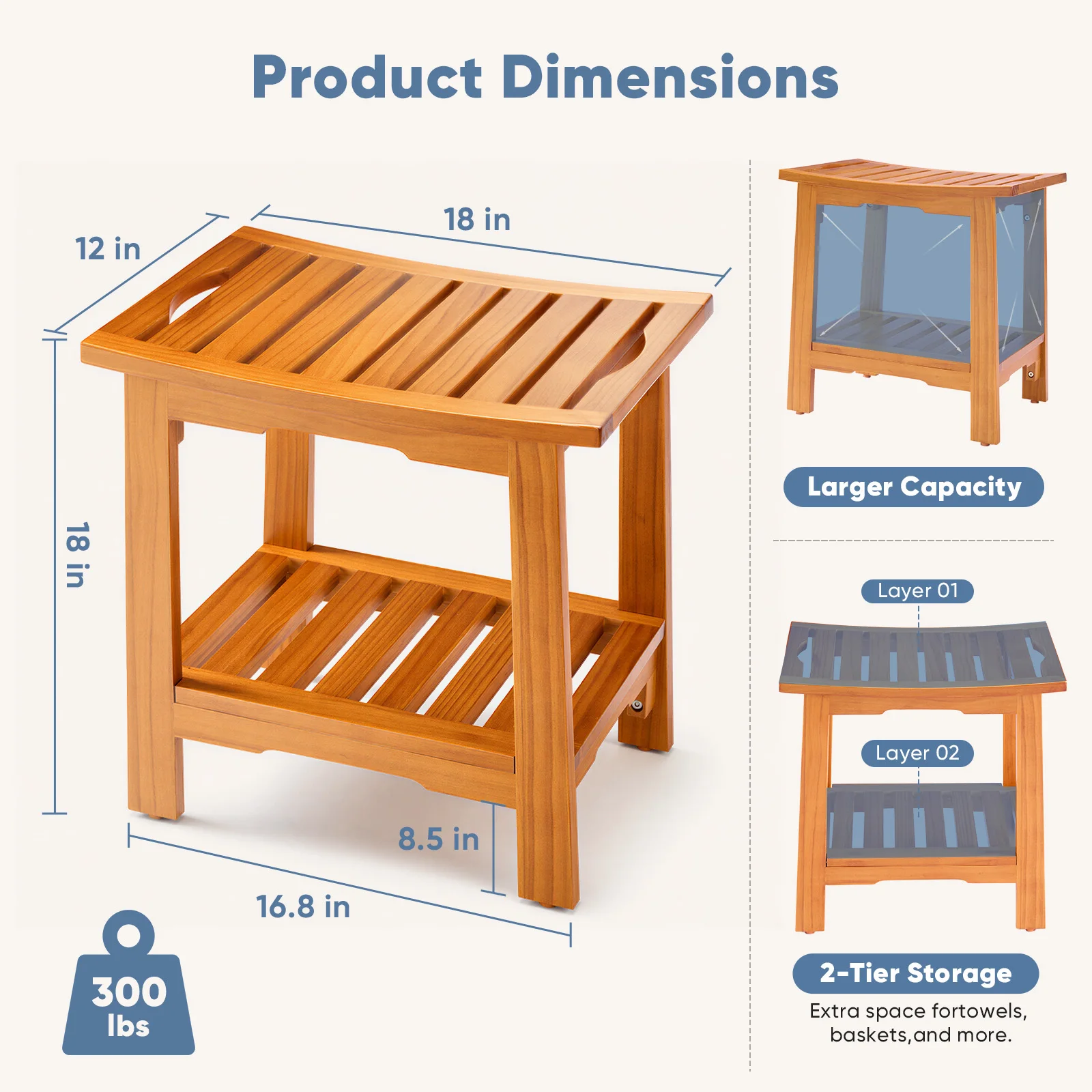 JHK 18IN/14IN Wooden Bathroom Shower Stool Waterproof Shower Bench - Image 2