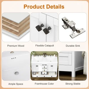 47.3 Inch White Bathroom Vanity Double Ceramic Sink Freestanding Cabinet with Sink Combo - Thumbnail Image 7