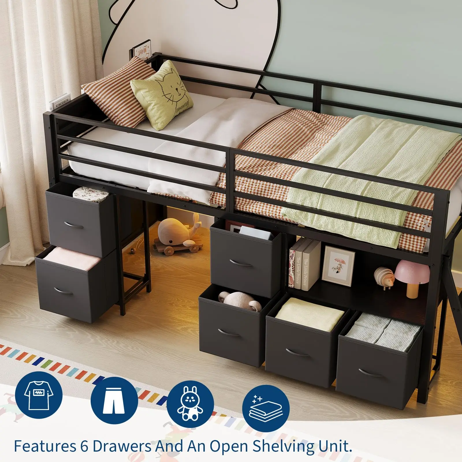 Twin Loft Bed With Desk 6 Drawers Led Lights, Black Kids Bed Frame With Guardrail Ladder Play Curtain - Image 6