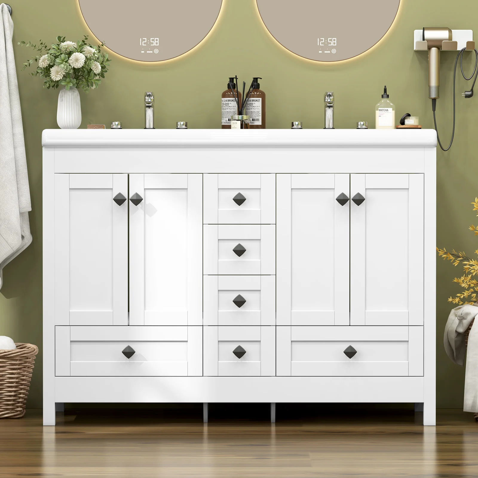 47.3 Inch White Bathroom Vanity Double Ceramic Sink Freestanding Cabinet with Sink Combo - Image 3
