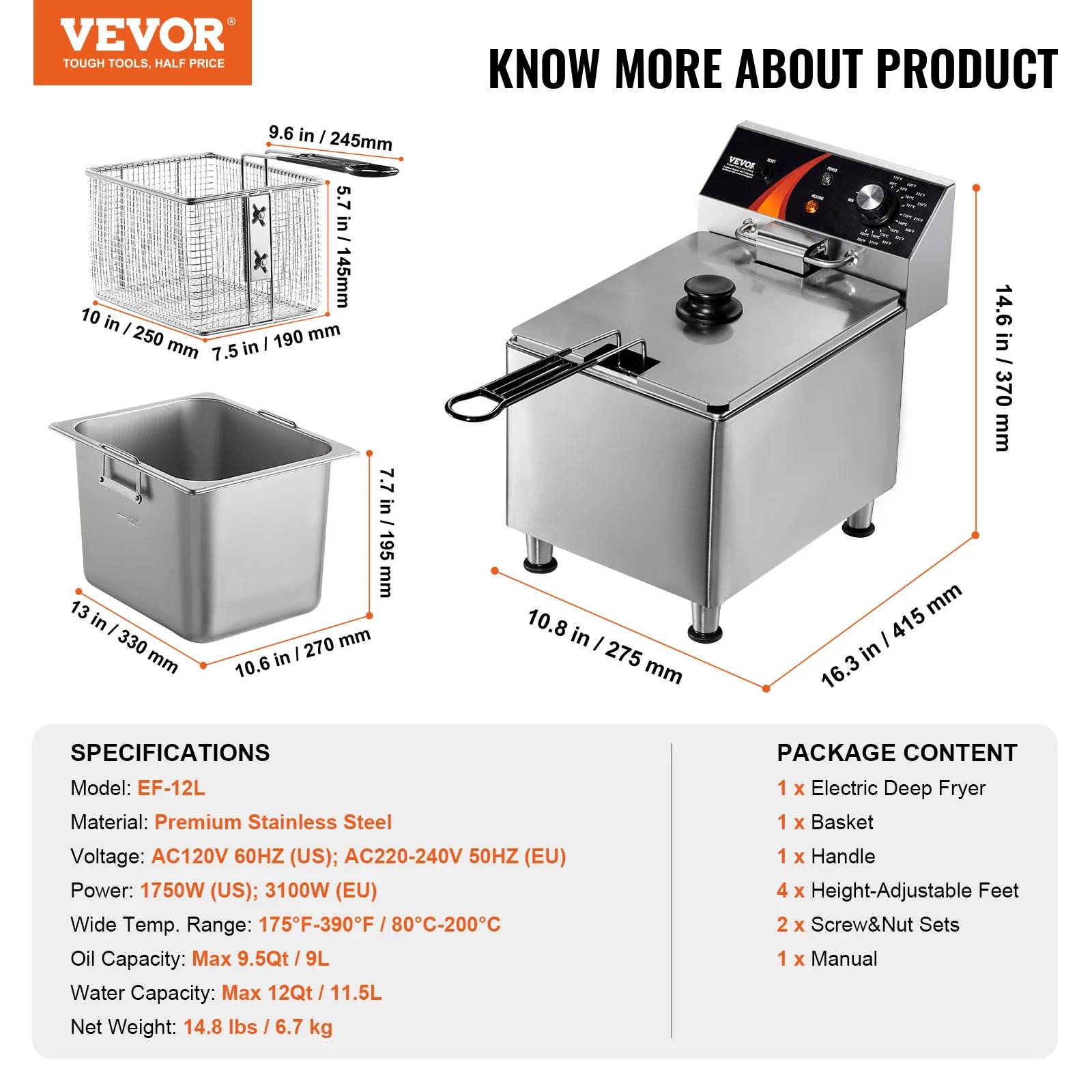 SucceBuy Commercial Deep Fryer Electric Countertop Fryer with Basket Stainless Steel Single Oil Fryer - Image 8