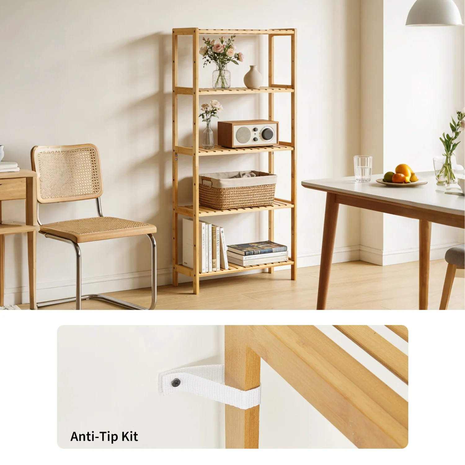 5-Tier Wide Bamboo Shelf Narrow Bathroom Shelf with Slatted Shelves Natural Wood - Image 2