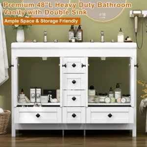 47.3 Inch White Bathroom Vanity Double Ceramic Sink Freestanding Cabinet with Sink Combo - Thumbnail Image 5