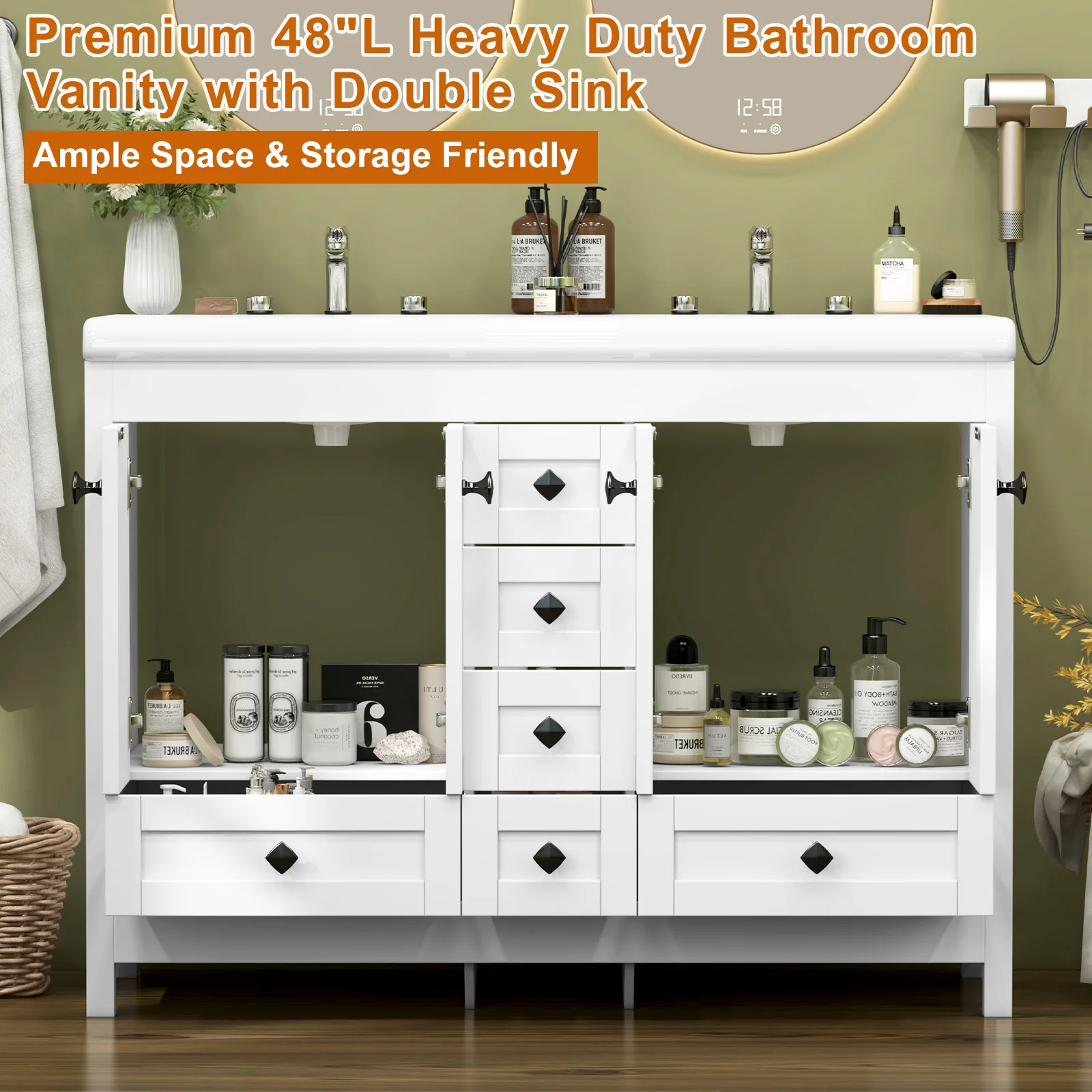 47.3 Inch White Bathroom Vanity Double Ceramic Sink Freestanding Cabinet with Sink Combo - Image 5