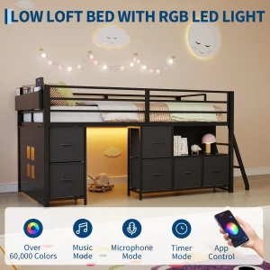Twin Loft Bed With Desk 6 Drawers Led Lights, Black Kids Bed Frame With Guardrail Ladder Play Curtain - Thumbnail Image 3