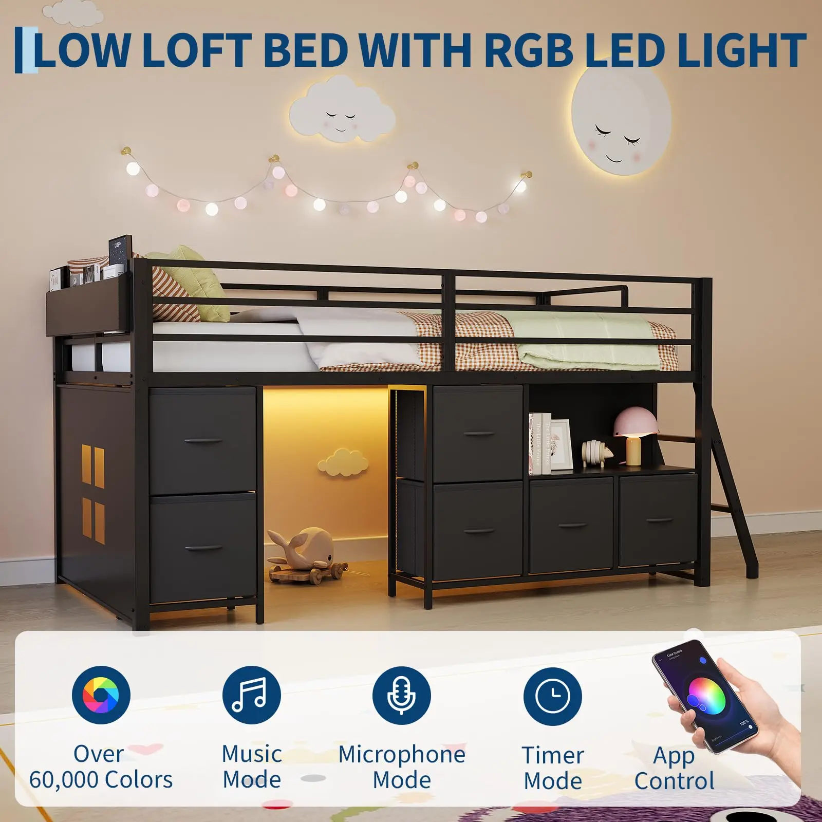 Twin Loft Bed With Desk 6 Drawers Led Lights, Black Kids Bed Frame With Guardrail Ladder Play Curtain - Image 3