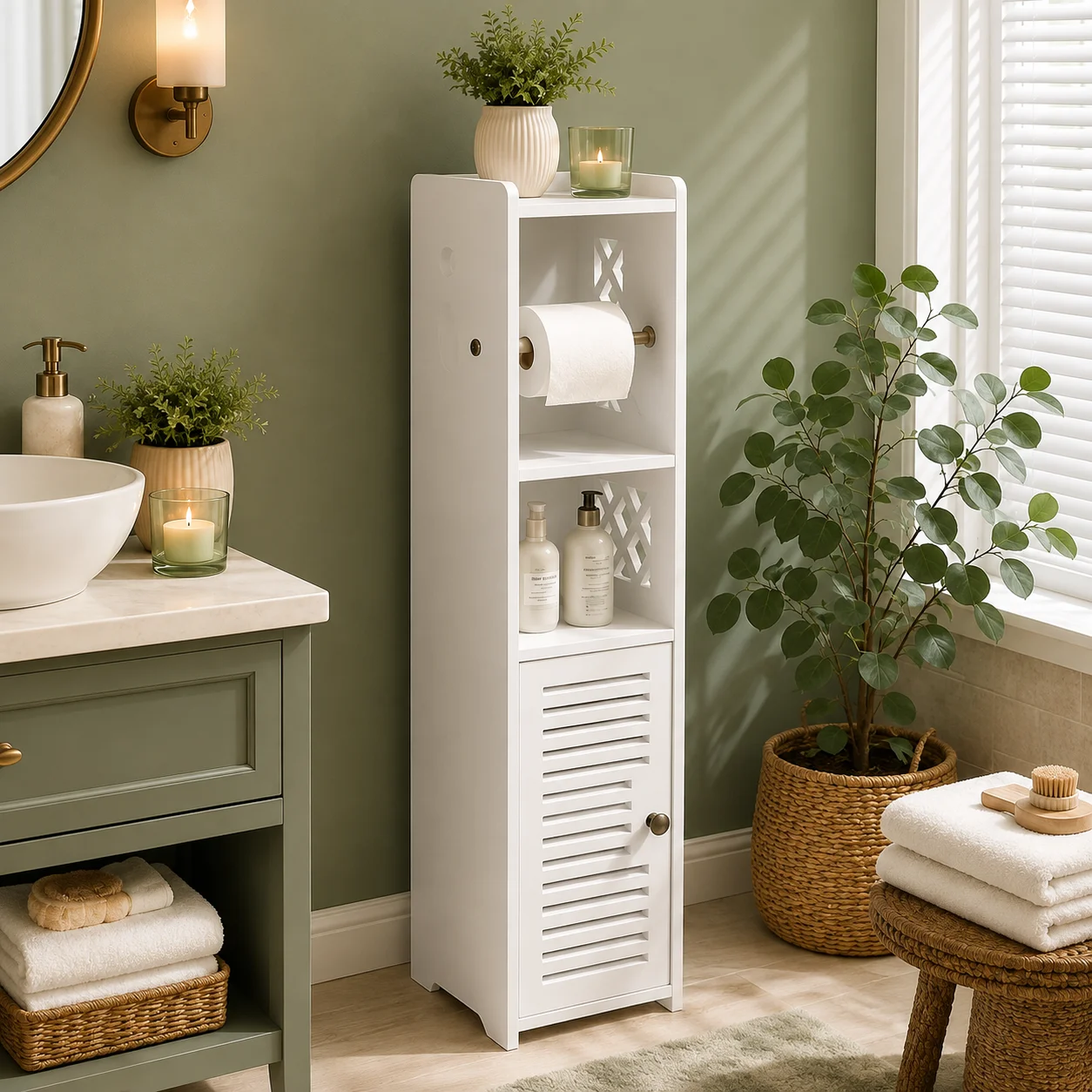 Slim Bathroom Storage Cabinet with Toilet Paper Holder - Image 6