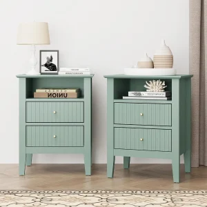 Fluted Nightstand Set of 2 with Charging Station, White End Table - Thumbnail Image 10