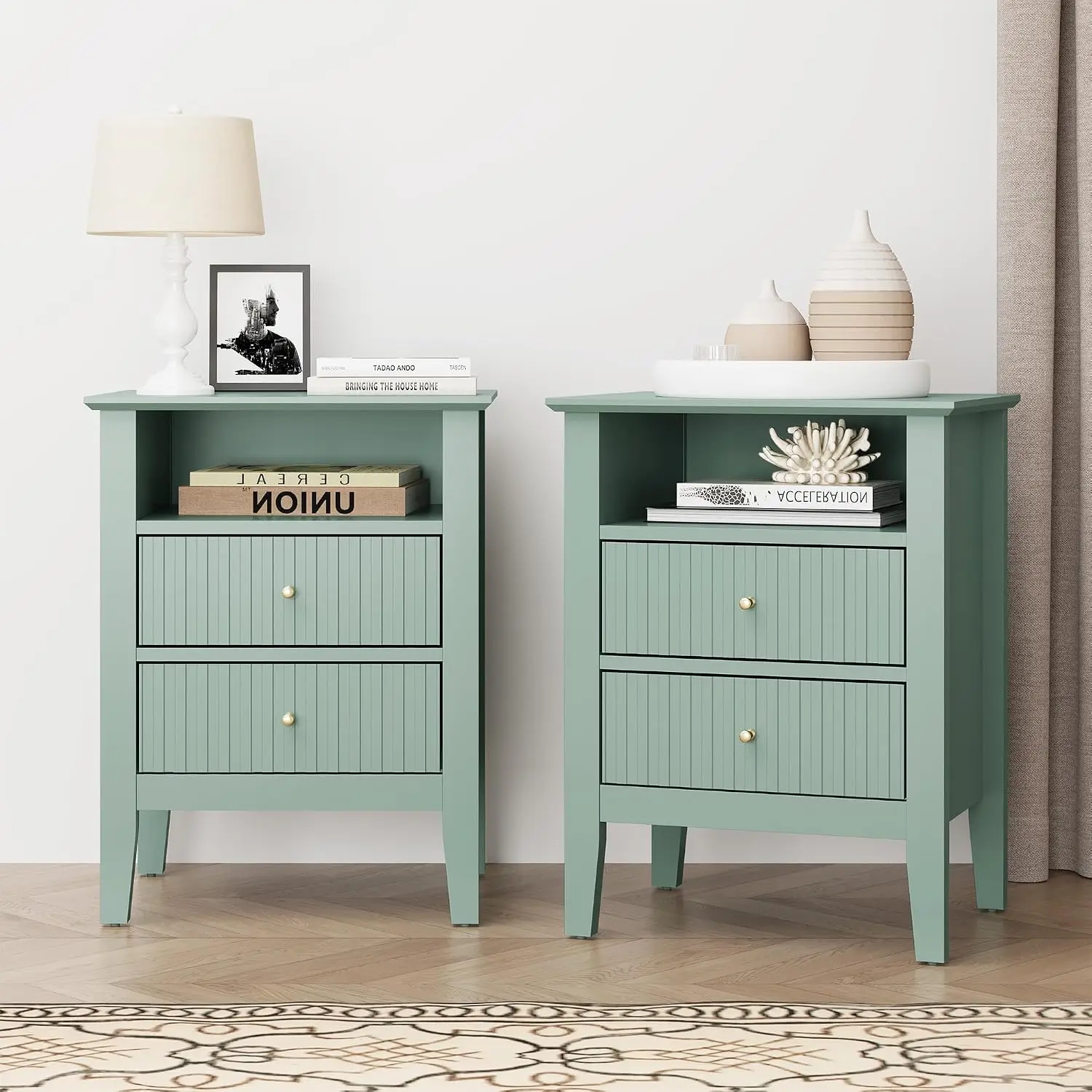 Fluted Nightstand Set of 2 with Charging Station, White End Table - Image 10