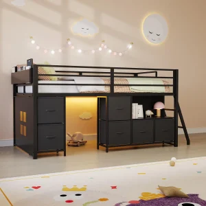 Twin Loft Bed With Desk 6 Drawers Led Lights, Black Kids Bed Frame With Guardrail Ladder Play Curtain