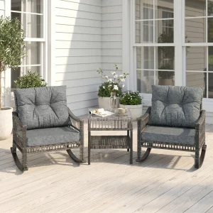 3 Pieces Pe Rattan Rocking Chair Set for Outdoor, Grey