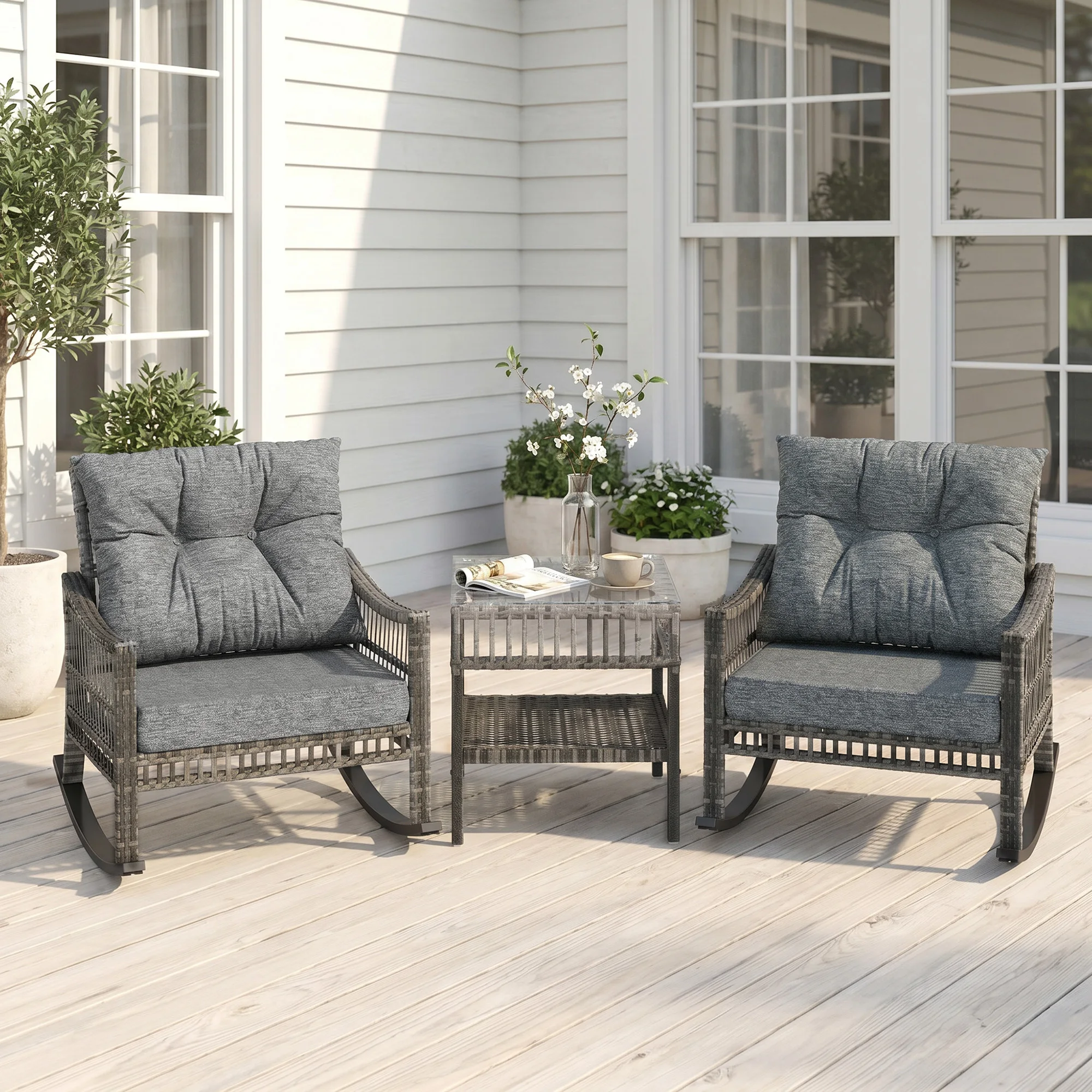 3 Pieces Pe Rattan Rocking Chair Set for Outdoor, Grey - Image 1