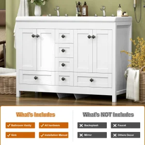47.3 Inch White Bathroom Vanity Double Ceramic Sink Freestanding Cabinet with Sink Combo - Thumbnail Image 6