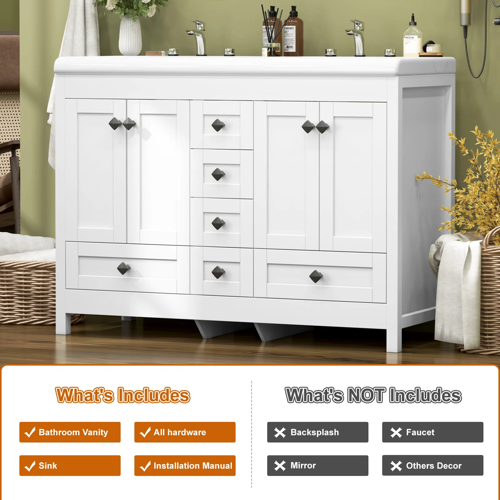 47.3 Inch White Bathroom Vanity Double Ceramic Sink Freestanding Cabinet with Sink Combo - Image 6