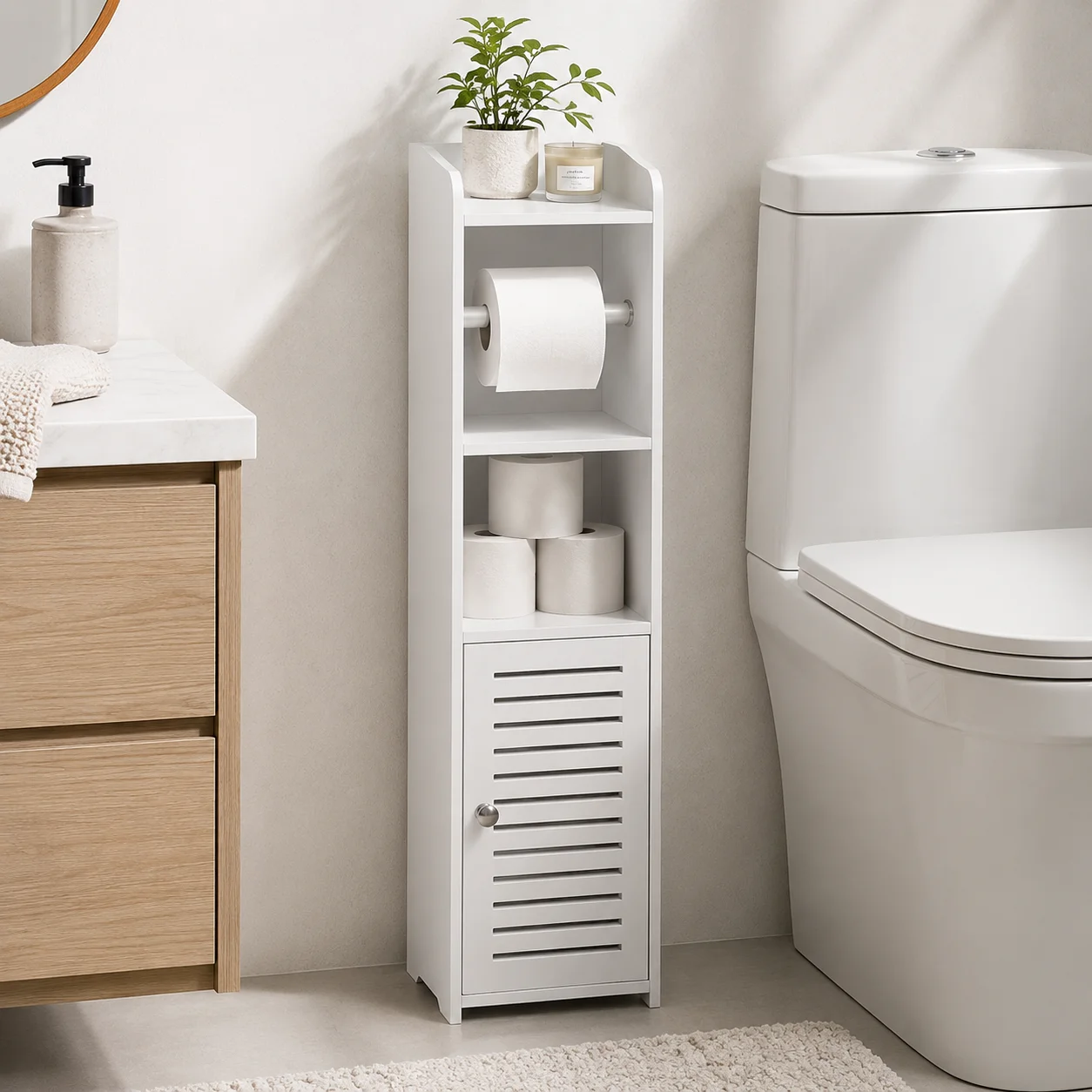 Slim Bathroom Storage Cabinet with Toilet Paper Holder - Image 1