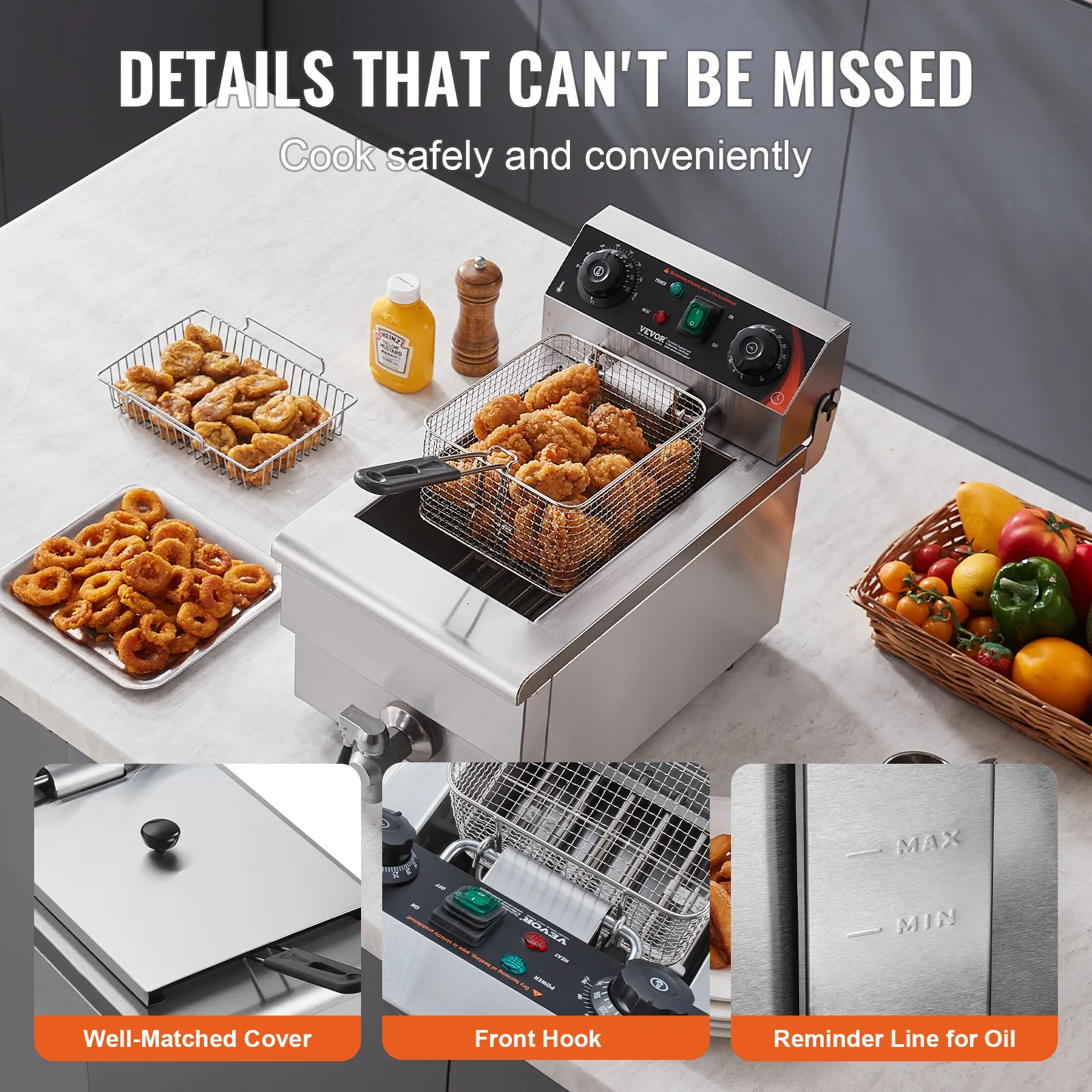 SucceBuy Commercial Deep Fryer Electric Countertop Fryer with Basket Stainless Steel Single Oil Fryer - Image 6